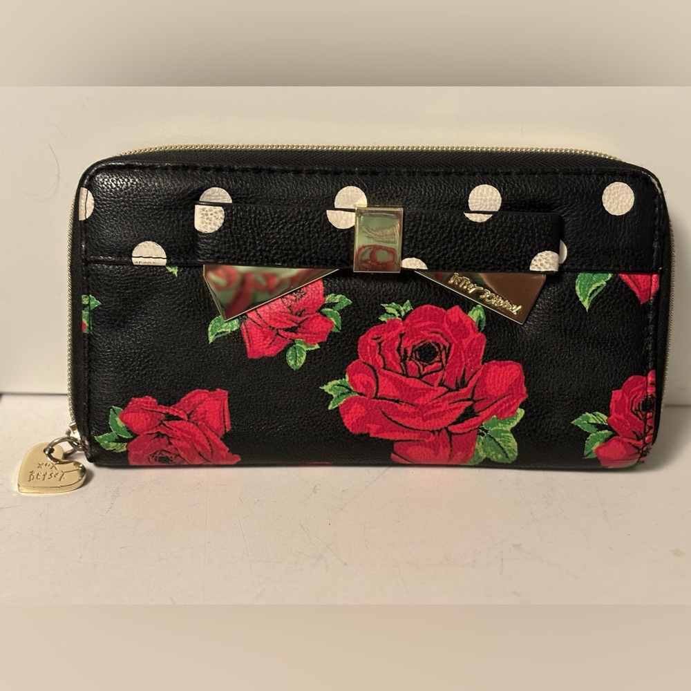 Betsey Johnson polka dot and red rose clutch